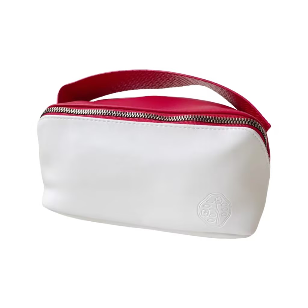 Looking for a chic red-and-white cosmetic bag to enhance your brand's accessory collection?