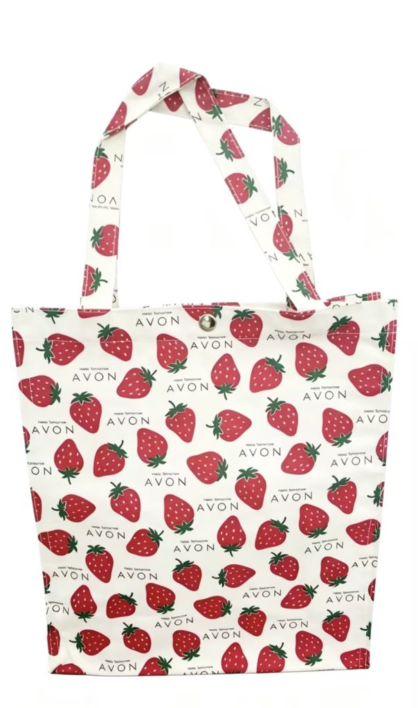 Need a fresh avon makeup bag like this strawberry-print tote for your brand?