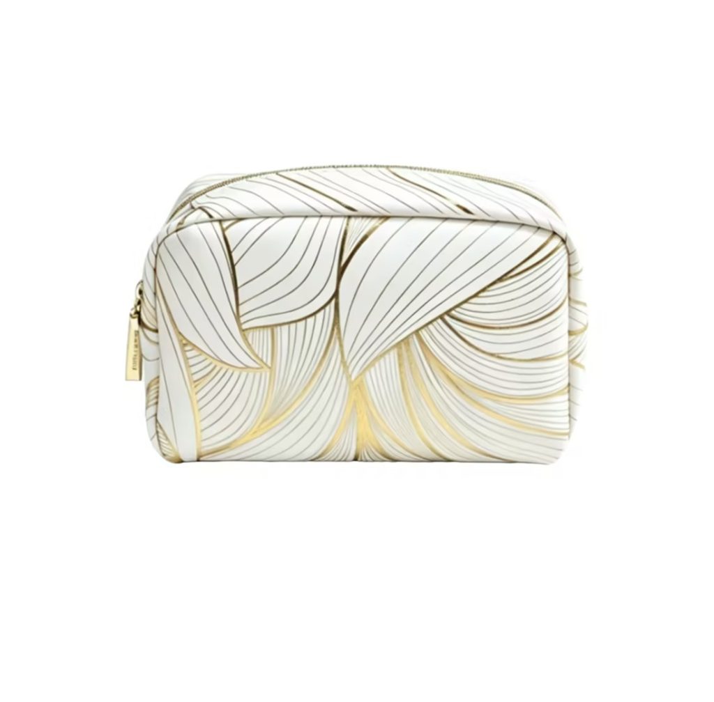 Looking for a striped cosmetic bag with elegant leaf-line print for your brand?